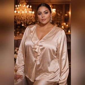 ELOQUII Satin Ruffle Blouse Size 22/3X NWT V-Neck Long Sleeve Elegant Plus